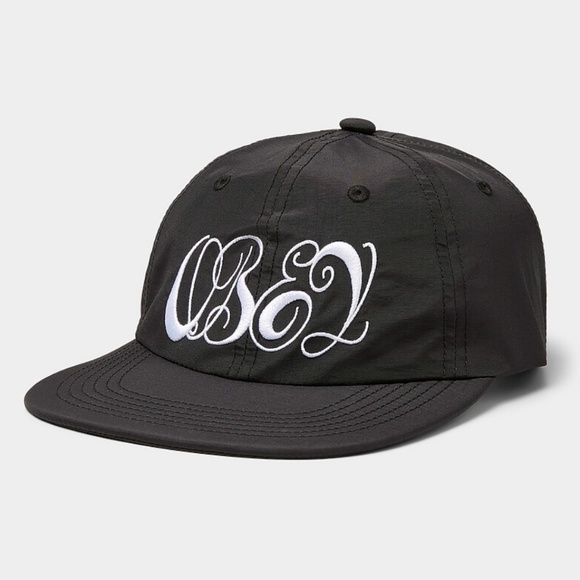 Obey unisex black and white cursive logo nylon cap hat NWT - Picture 1 of 7
